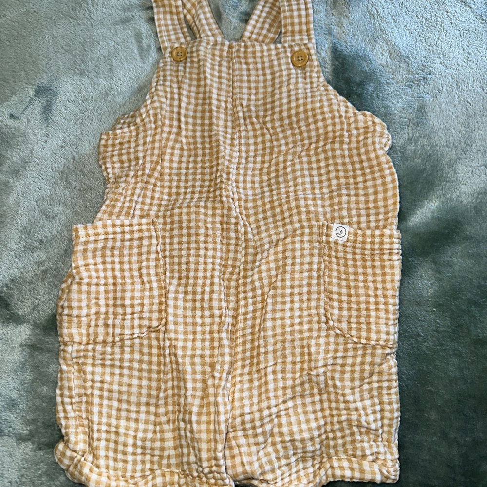 Tan and White Checkered Overalls with Wide Straps